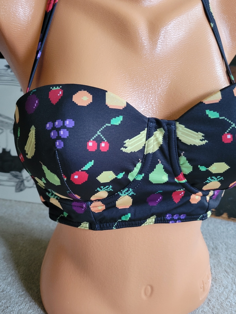 Modcloth Pixel Fruit Swim Bikini Top Retro Pac Man Sz Large Cherries Oranges NEW - Picture 2 of 7
